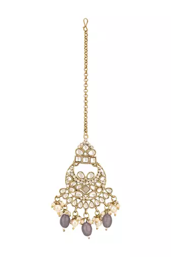 traditional kundan pearl hanging choker necklace jewellery set with earrings & maang tikka