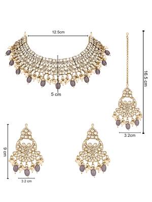 traditional kundan pearl hanging choker necklace jewellery set with earrings & maang tikka 5