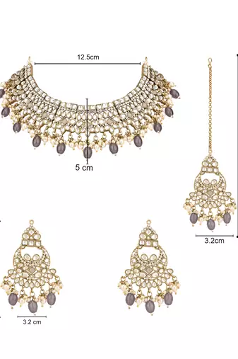 traditional kundan pearl hanging choker necklace jewellery set with earrings & maang tikka