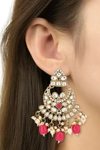 traditional kundan pearl hanging choker necklace jewellery set with earrings & maang tikka