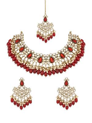 traditional kundan pearl hanging choker necklace jewellery set with earrings & maang tikka 2