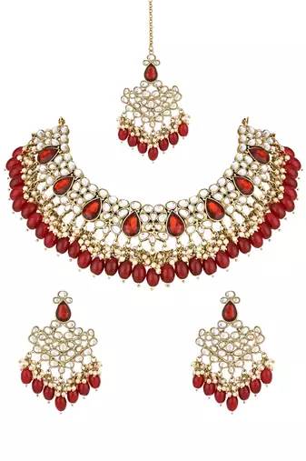 traditional kundan pearl hanging choker necklace jewellery set with earrings & maang tikka