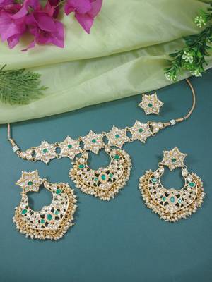 traditional stone handcrafted pearl hanging floral choker necklace jewellery with earrings & finger ring set 1