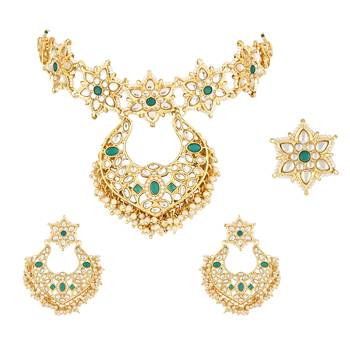 traditional stone handcrafted pearl hanging floral choker necklace jewellery with earrings & finger ring set 2