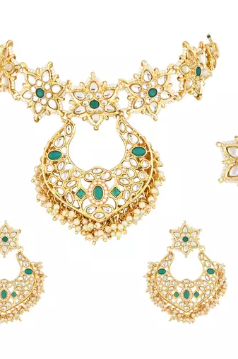 traditional stone handcrafted pearl hanging floral choker necklace jewellery with earrings & finger ring set