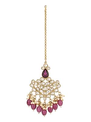 traditional kundan pearl hanging choker necklace jewellery set with earrings & maang tikka 4