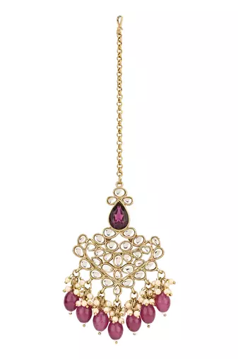 traditional kundan pearl hanging choker necklace jewellery set with earrings & maang tikka