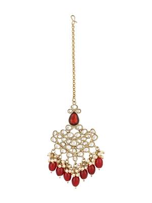 traditional kundan pearl hanging choker necklace jewellery set with earrings & maang tikka 4