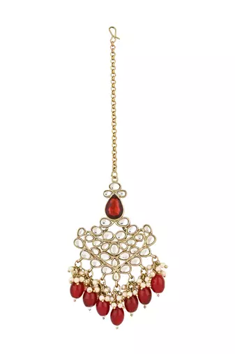 traditional kundan pearl hanging choker necklace jewellery set with earrings & maang tikka