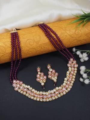traditional stunning maroon meenakari kundan studded pearl necklace jewellery set with earrings 1