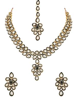traditional meenakari handcrafted kundan necklace with dangle earrings & maang tikka jewellery set 2