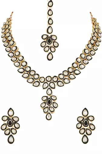 traditional meenakari handcrafted kundan necklace with dangle earrings & maang tikka jewellery set