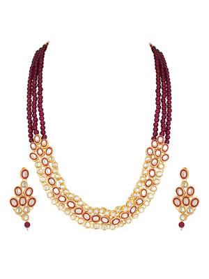 traditional stunning maroon meenakari kundan studded pearl necklace jewellery set with earrings 2