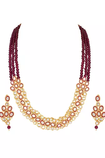 traditional stunning maroon meenakari kundan studded pearl necklace jewellery set with earrings