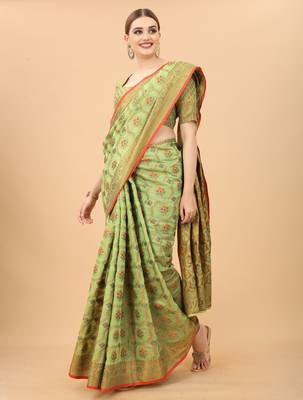 Pista Designer Cotton LInen Woven Saree With Blouse For Women 1