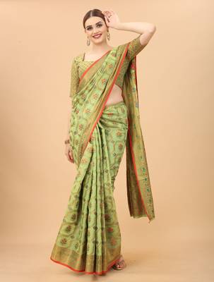 Pista Designer Cotton LInen Woven Saree With Blouse For Women 2
