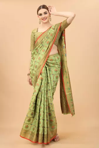 Pista Designer Cotton LInen Woven Saree With Blouse For Women