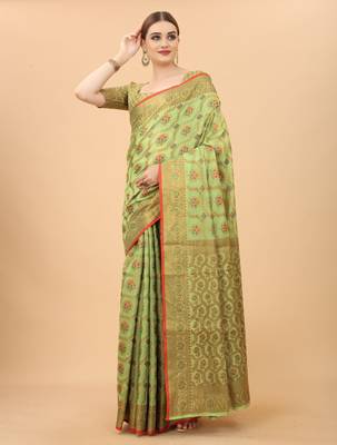 Pista Designer Cotton LInen Woven Saree With Blouse For Women 3