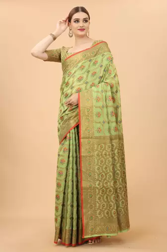 Pista Designer Cotton LInen Woven Saree With Blouse For Women