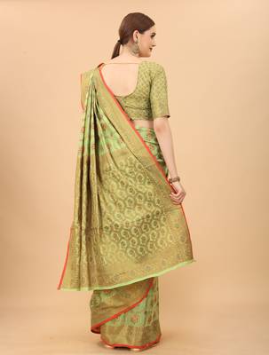 Pista Designer Cotton LInen Woven Saree With Blouse For Women 4