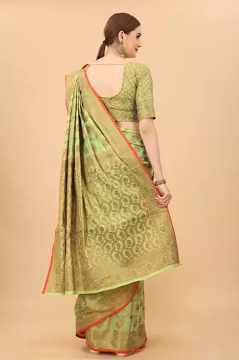Pista Designer Cotton LInen Woven Saree With Blouse For Women