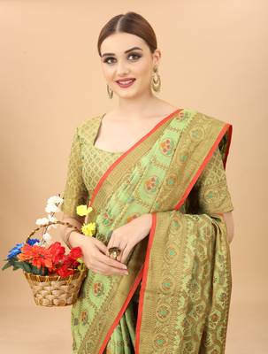 Pista Designer Cotton LInen Woven Saree With Blouse For Women 5