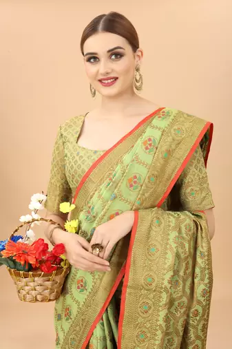 Pista Designer Cotton LInen Woven Saree With Blouse For Women