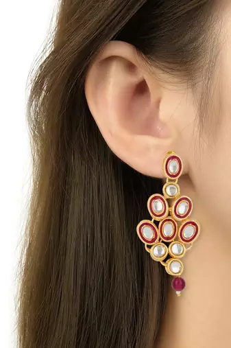 traditional stunning maroon meenakari kundan studded pearl necklace jewellery set with earrings