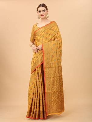 Designer Cotton LInen Woven Saree With Blouse For Women 3