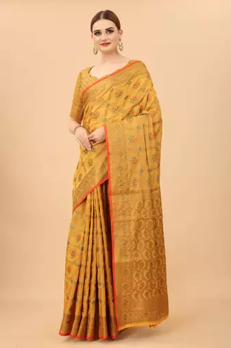 Designer Cotton LInen Woven Saree With Blouse For Women