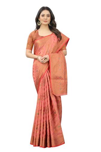 Korams Design Pink Designer Cotton LInen Woven Saree With Blouse For Women