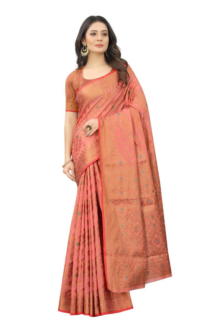 Korams Design Pink Designer Cotton LInen Woven Saree With Blouse For Women