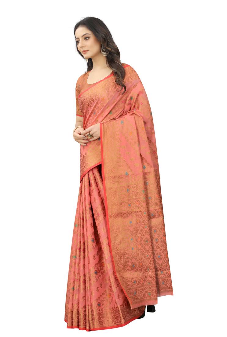 Korams Design Pink Designer Cotton LInen Woven Saree With Blouse For Women