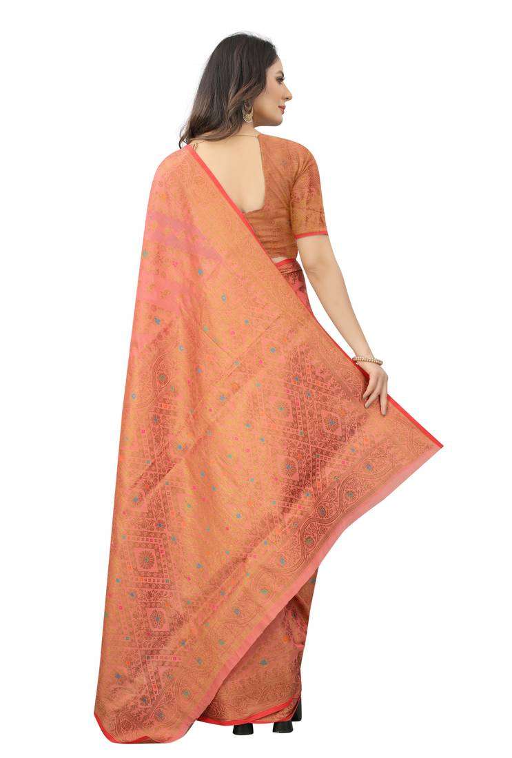 Korams Design Pink Designer Cotton LInen Woven Saree With Blouse For Women
