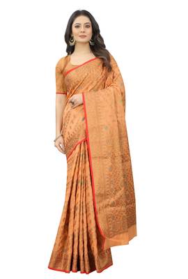 Peach Designer Cotton LInen Woven Saree With Blouse For Women 1