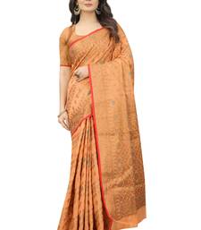 Peach Designer Cotton LInen Woven Saree With Blouse For Women