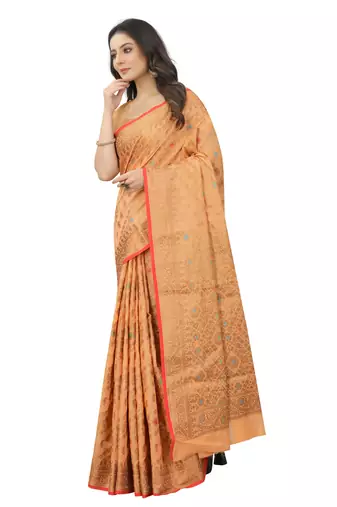 Peach Designer Cotton LInen Woven Saree With Blouse For Women