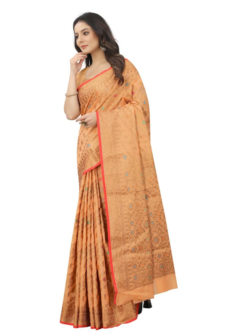 Korams Design Peach Designer Cotton LInen Woven Saree With Blouse For Women