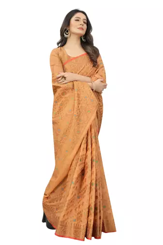 Peach Designer Cotton LInen Woven Saree With Blouse For Women