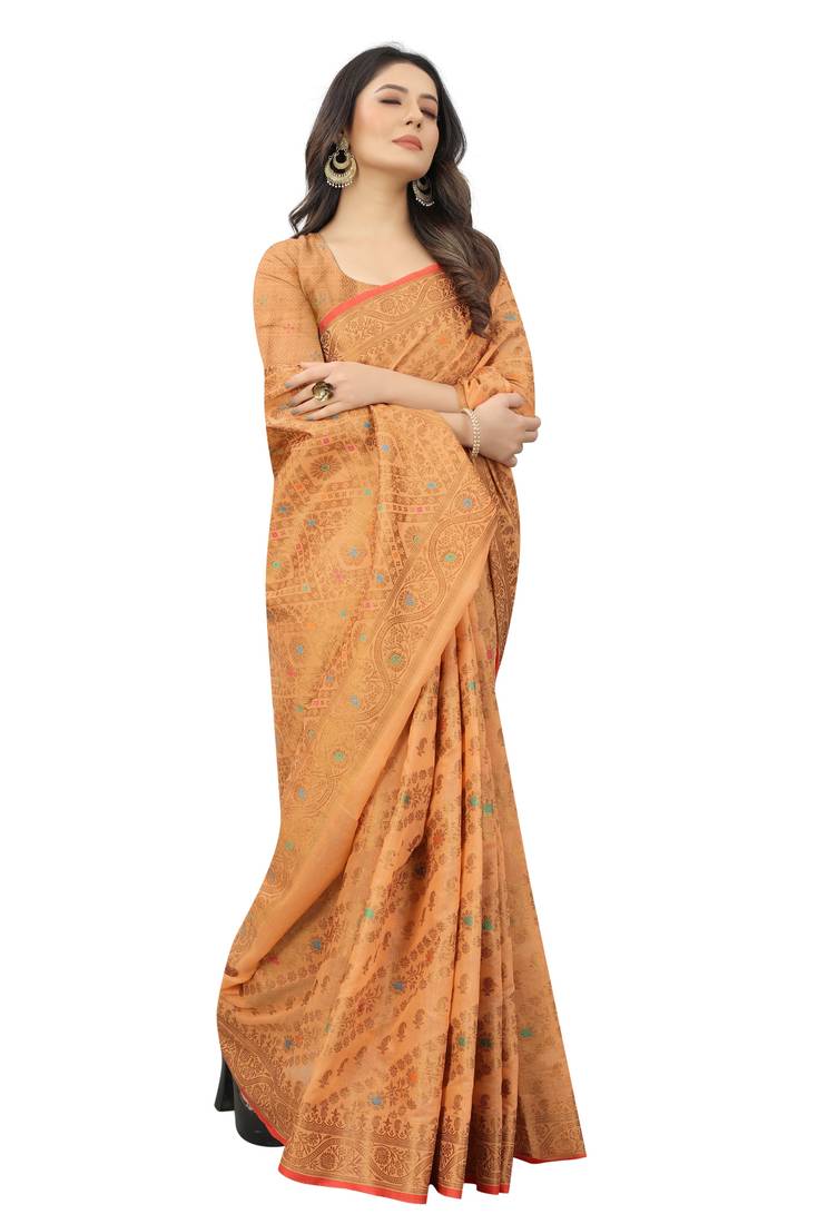 Korams Design Peach Designer Cotton LInen Woven Saree With Blouse For Women
