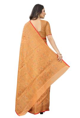 Peach Designer Cotton LInen Woven Saree With Blouse For Women 4