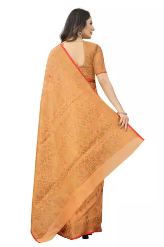 Peach Designer Cotton LInen Woven Saree With Blouse For Women