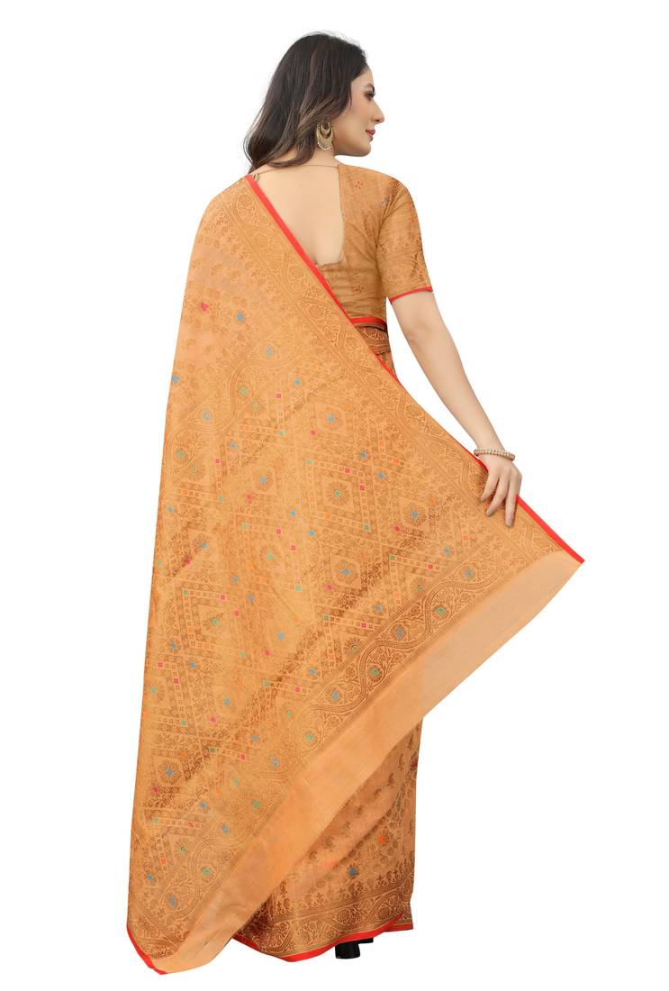 Korams Design Peach Designer Cotton LInen Woven Saree With Blouse For Women