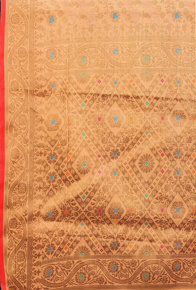 Korams Design Peach Designer Cotton LInen Woven Saree With Blouse For Women