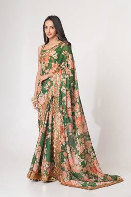 Green Sequins Embroidery On Digital Printed Organza Traditional Saree 1