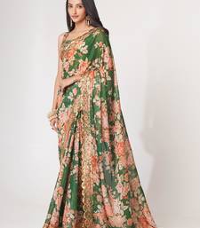 Green Sequins Embroidery On Digital Printed Organza Traditional Saree