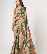 Green Sequins Embroidery On Digital Printed Organza Traditional Saree