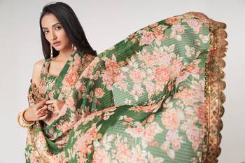 Green Sequins Embroidery On Digital Printed Organza Traditional Saree 2