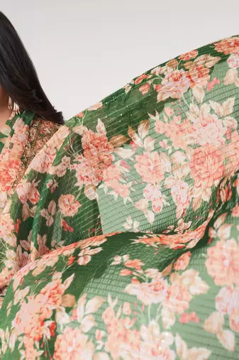 Green Sequins Embroidery On Digital Printed Organza Traditional Saree