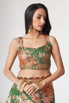 Green Sequins Embroidery On Digital Printed Organza Traditional Saree 3